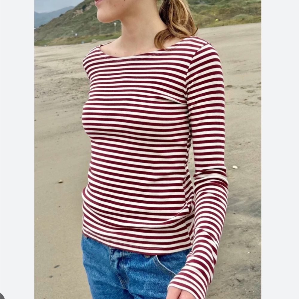 Brandy Melville Striped Long-Sleeve Boatneck Top in Burgundy and White